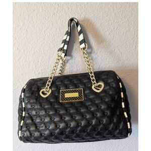 Betsey Johnson Black Quilted Barrel Satchel with Gold Chain Handles
